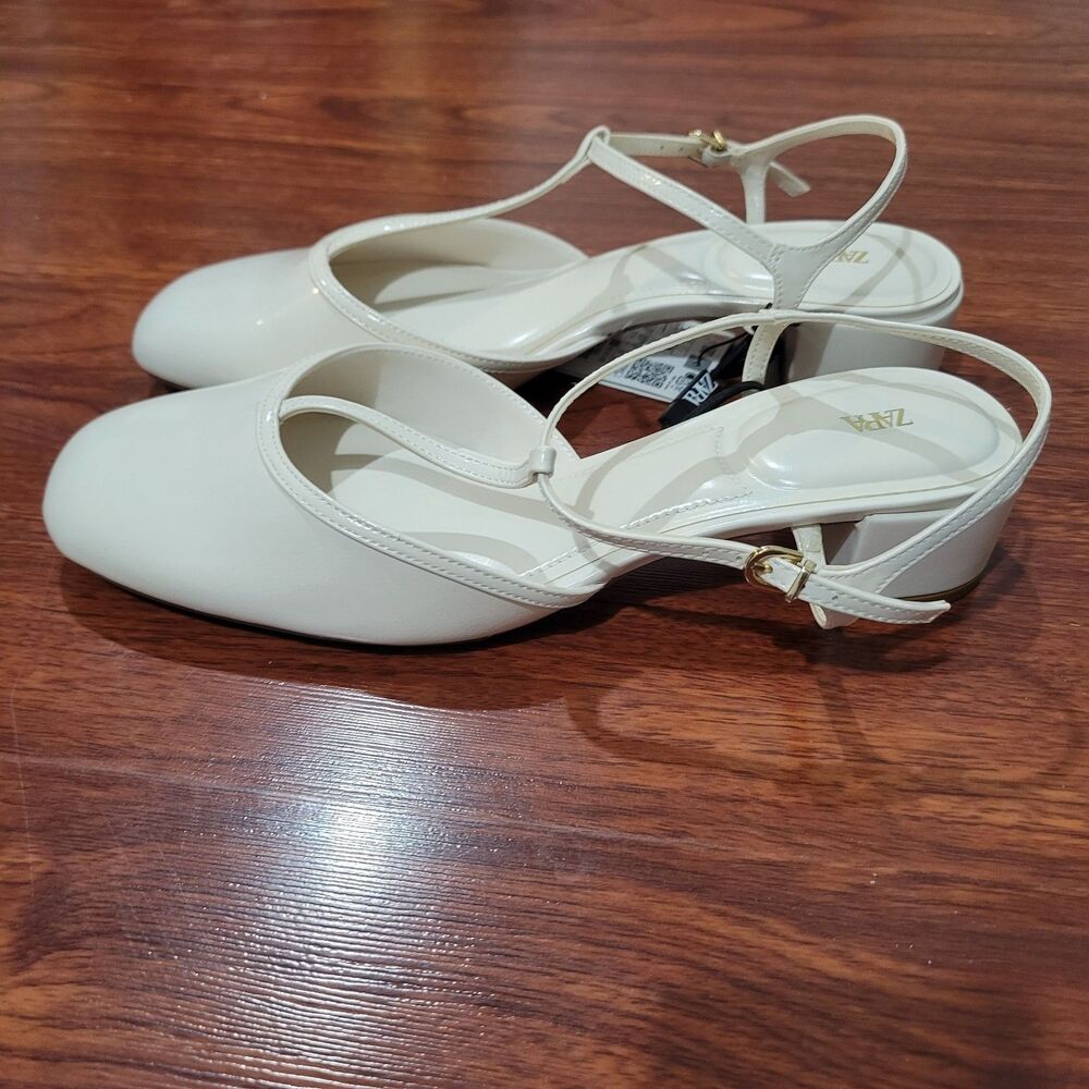 Zara Cream T-Strap Low Block Heel Pumps